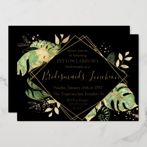 Elegant Tropical Black  Gold Bridesmaids Luncheon Foil Invitation