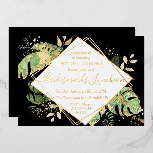 Elegant Tropical Black & Gold Bridesmaids Luncheon Foil Invitation (Front/Back)