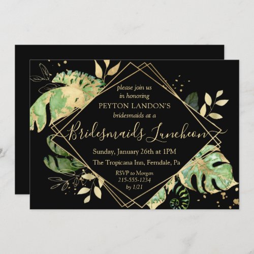 Elegant Tropical Black  Gold Bridesmaids Luncheon Invitation