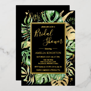 Elegant Tropical Black & Gold Modern Bridal Shower Foil Invitation