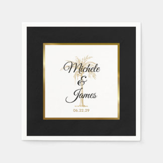 Elegant Tropical Black Gold Palm Tree Wedding Napkins