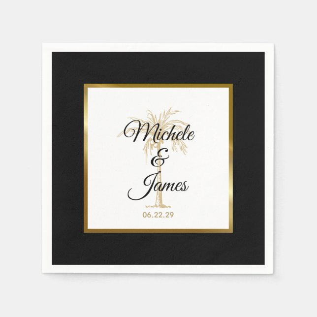 Elegant Tropical Black Gold Palm Tree Wedding Napkins (Front)