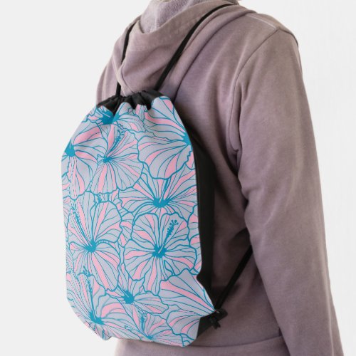 Elegant Tropical Blue Floral Hibiscus Pattern  Drawstring Bag