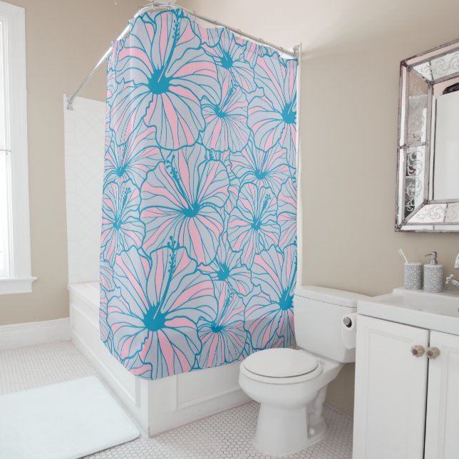 Elegant Tropical Blue Floral Hibiscus Pattern | Shower Curtain (In Situ)