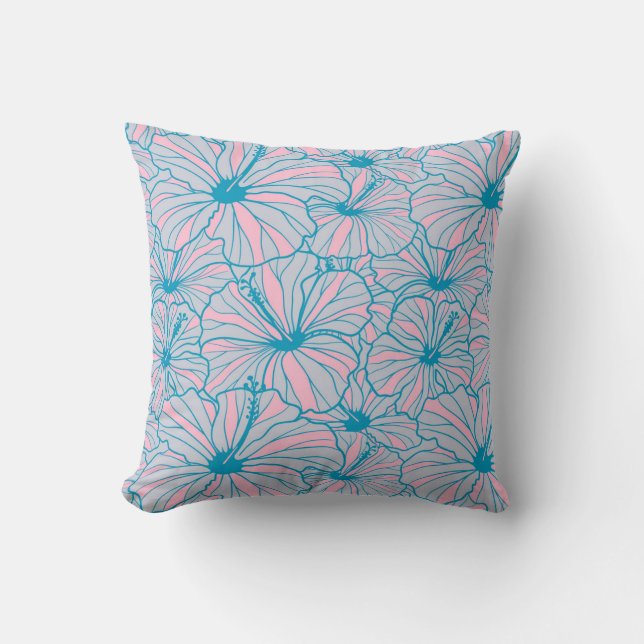 Elegant Tropical Blue Floral Hibiscus Pattern | Throw Pillow (Front)