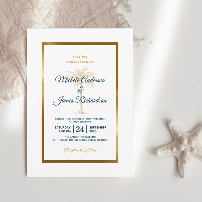 Elegant Tropical Blue Gold Palm Tree Beach Wedding Invitation (Creator Uploaded)
