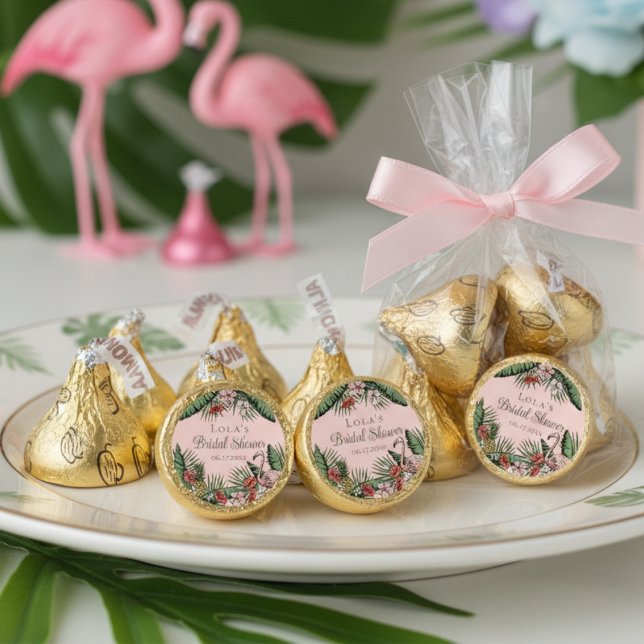 Elegant Tropical Blush Pink Bridal Shower Hershey®'s Kisses® (Pink Flamingo Tropical Bridal Shower Chocolate Candy Thank You Favors Wrapped in Gold. Hawaii Vibes)