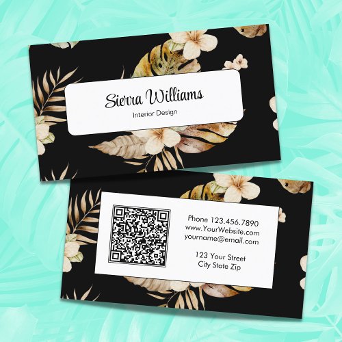 Elegant Tropical Boho Floral QR Code Black Business Card