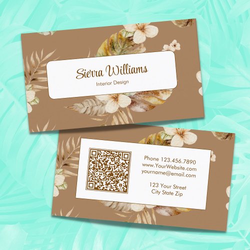 Elegant Tropical Boho Floral QR Code Brown Business Card