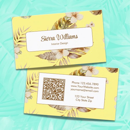 Elegant Tropical Boho Floral QR Code Yellow Business Card