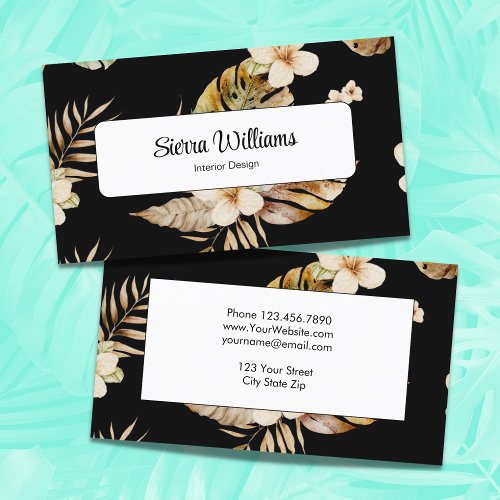 Elegant Tropical Boho Floral Watercolor Black Business Card