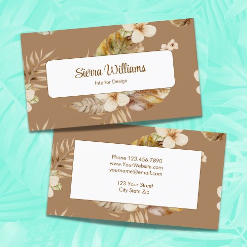 Elegant Tropical Boho Floral Watercolor Brown Business Card