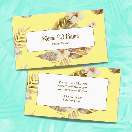 Elegant Tropical Boho Floral Watercolor Yellow Business Card