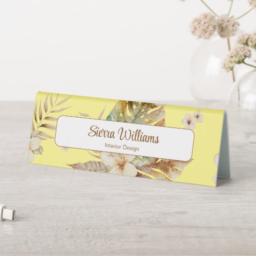 Elegant Tropical Boho Floral Yellow Nameplate Table Tent Sign