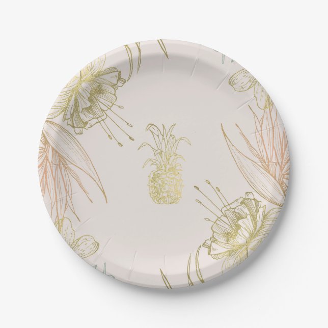 Elegant Tropical Botanical Floral Gold Blush Paper Plates (Front)