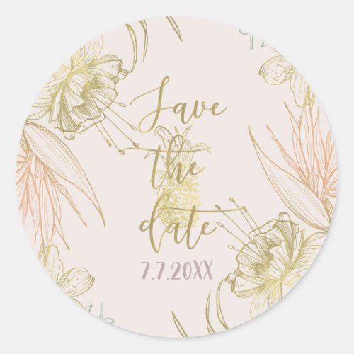 Elegant Tropical Botanical Floral Save the Date Classic Round Sticker