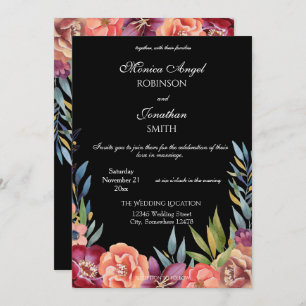 Elegant Tropical Burgundy & Blush Black Wedding V2 Invitation
