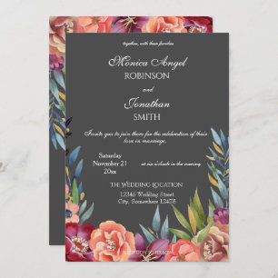 Elegant Tropical Burgundy & Blush Gray Wedding V2 Invitation