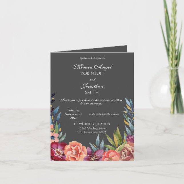 Elegant Tropical Burgundy Gray Wedding Folded Invitation (Front)