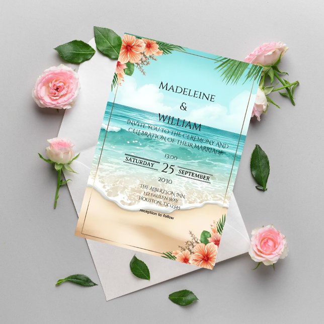 Elegant Tropical Coastal Hawaiian Beach Wedding Invitation (Creator Uploaded)