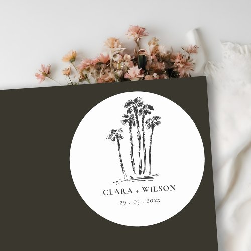 Elegant Tropical Coastal Palm Tree Sketch Wedding Classic Round Sticker