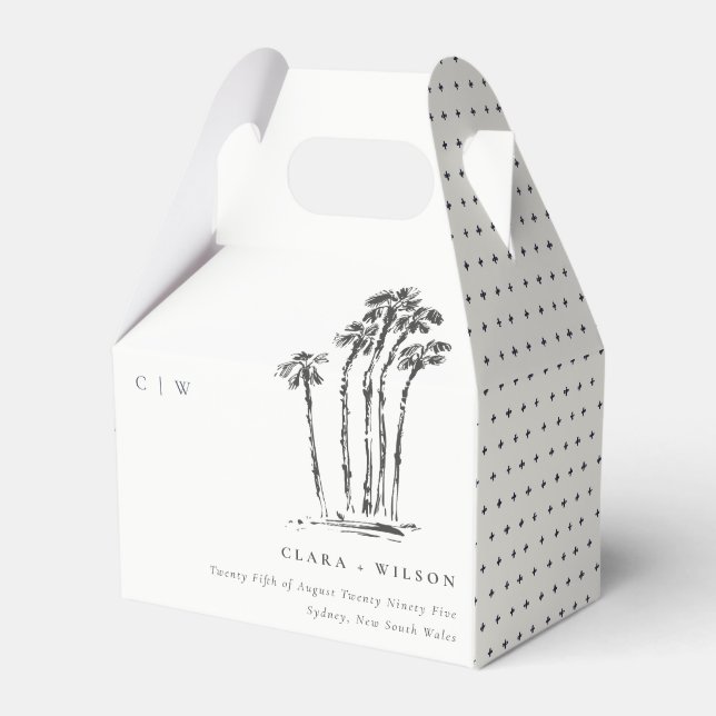 Elegant Tropical Coastal Palm Tree Sketch Wedding Favor Boxes (Front Side)