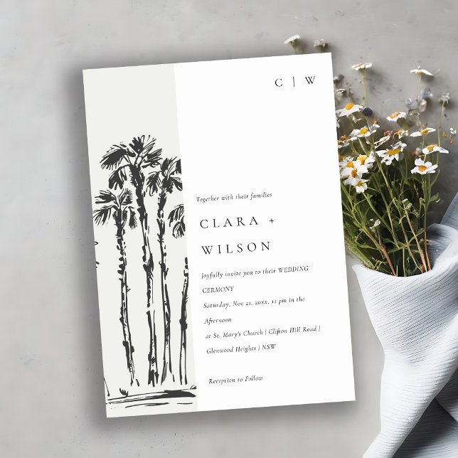 Elegant Tropical Coastal Palm Tree Sketch Wedding Invitation (Creator Uploaded)
