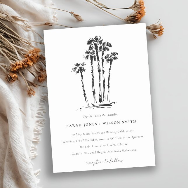 Elegant Tropical Coastal Palm Tree Sketch Wedding Invitation (Creator Uploaded)