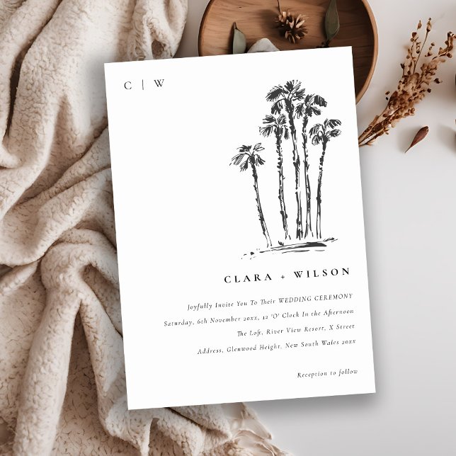 Elegant Tropical Coastal Palm Tree Sketch Wedding Invitation (Creator Uploaded)