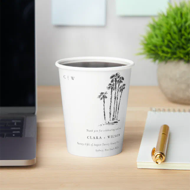 Elegant Tropical Coastal Palm Tree Sketch Wedding Paper Cups | Zazzle