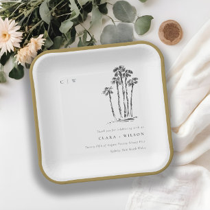 Elegant Tropical Coastal Palm Tree Sketch Wedding Paper Plates