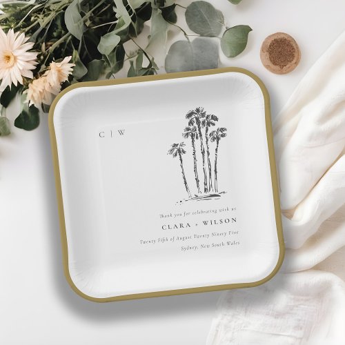 Elegant Tropical Coastal Palm Tree Sketch Wedding Paper Plates