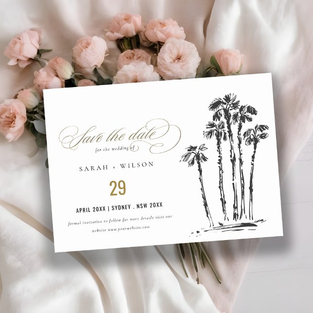 Elegant Tropical Coastal Palm Tree Sketch Wedding Save The Date (Creator Uploaded)