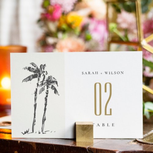 Elegant Tropical Coastal Palm Tree Sketch Wedding Table Number