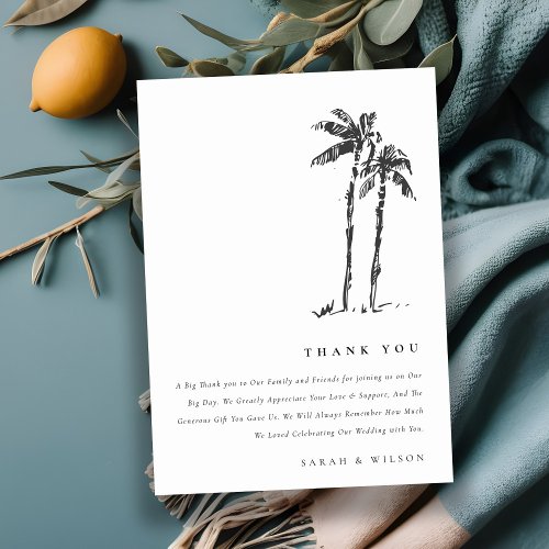 Elegant Tropical Coastal Palm Tree Sketch Wedding Thank You Card