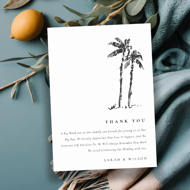 Elegant Tropical Coastal Palm Tree Sketch Wedding Thank You Card | Zazzle