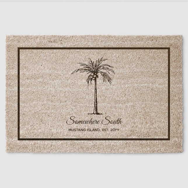 Elegant Tropical Coconut Palm Tree Personalized Fiber Doormat (Front)