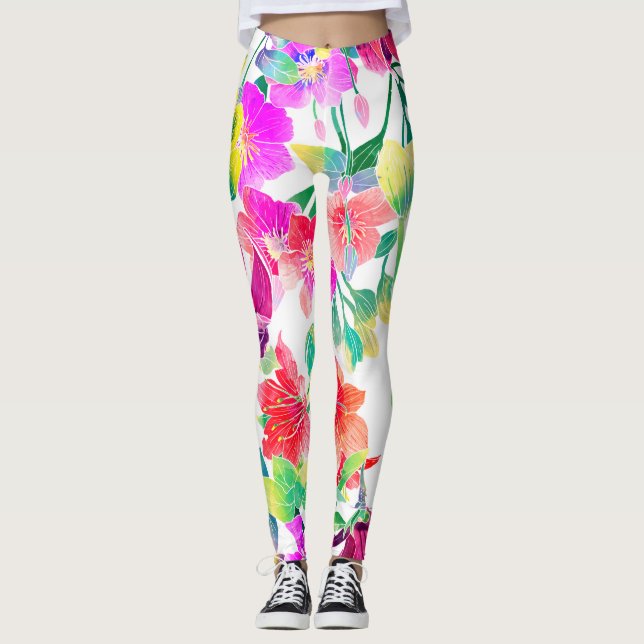Elegant Tropical Colorful Flowers Leggings (Front)