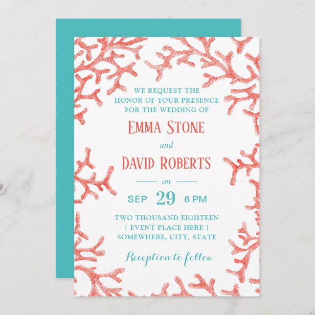 Elegant Tropical Coral Reef Beach Wedding Invitation (Front/Back)