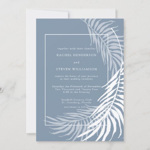 Elegant Tropical Dusty Blue and White Wedding Invitation