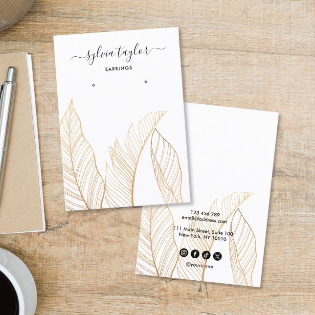 Elegant Tropical Earring Frame Display Add Logo Business Card (hand made earring display card with gold tropical leaves)