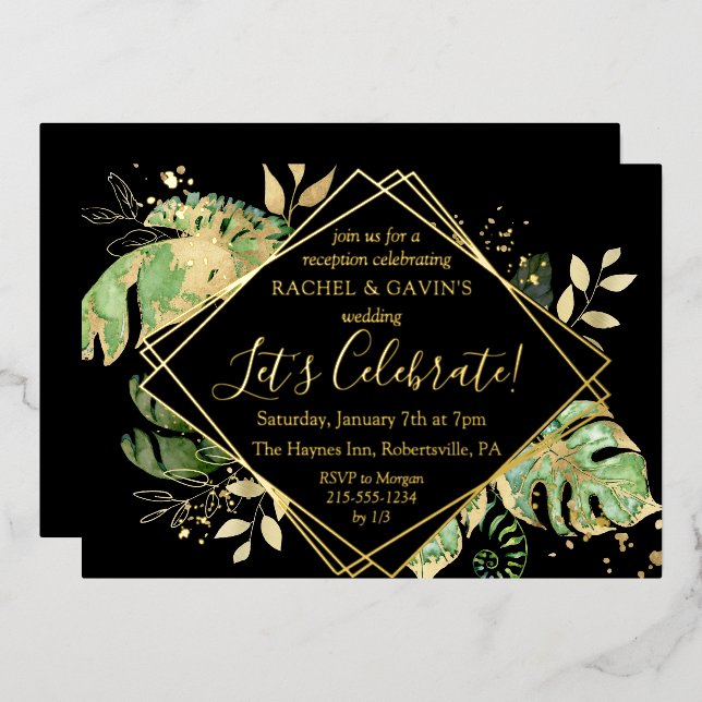 Elegant Tropical Elopement Wedding Reception Foil Invitation (Front/Back)