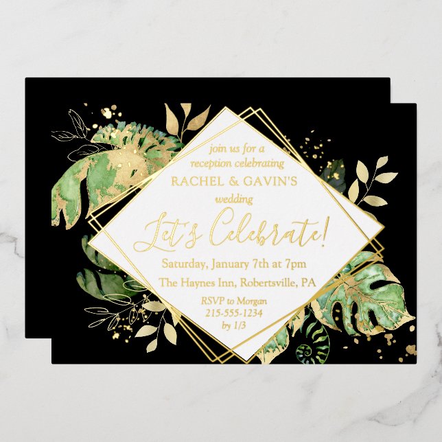 Elegant Tropical Elopement Wedding Reception Foil Invitation (Front/Back)