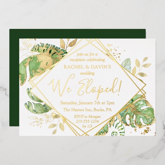 Elegant Tropical Elopement Wedding Reception Gold Foil Invitation (Front/Back)