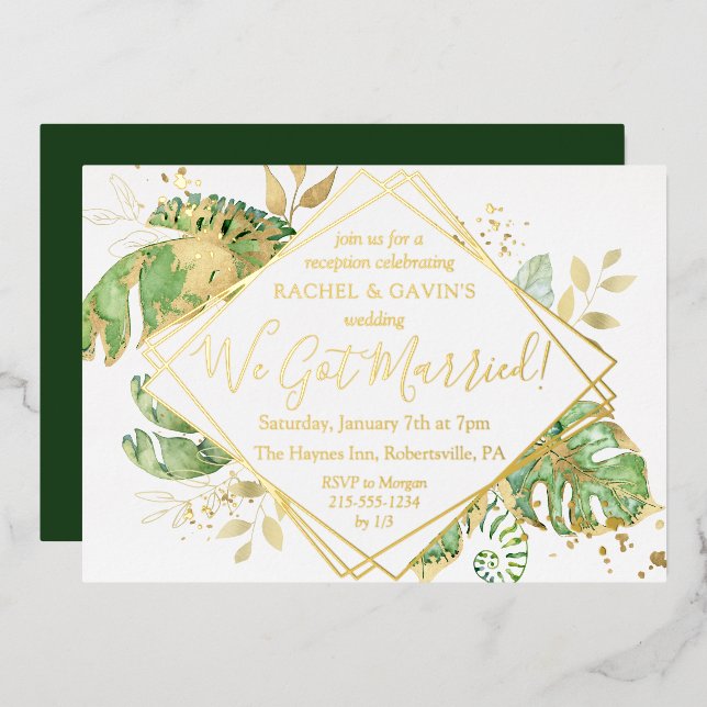 Elegant Tropical Elopement Wedding Reception Gold Foil Invitation (Front/Back)