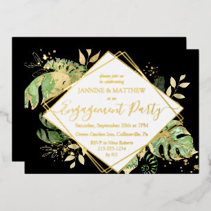 Elegant Tropical Engagement Party Black & Gold Foil Invitation