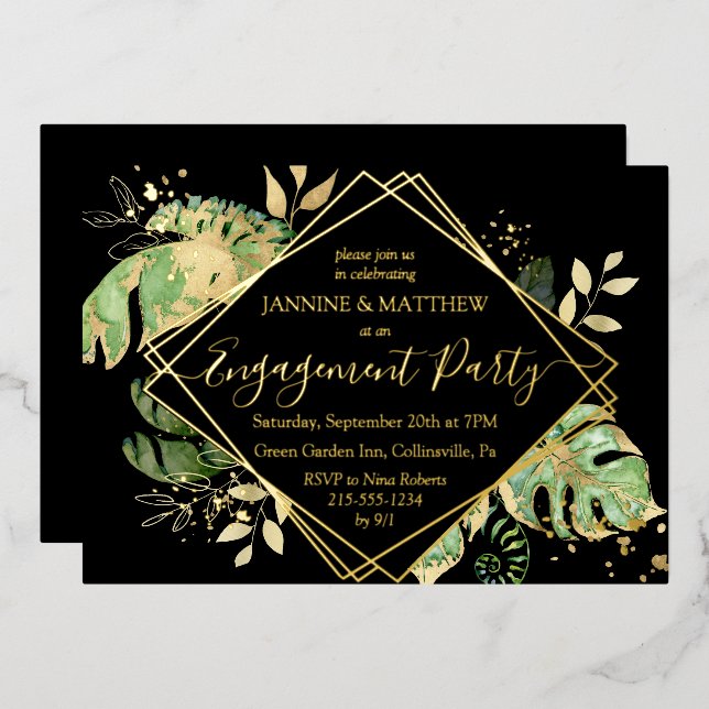  Elegant Tropical Engagement Party Black & Gold Foil Invitation (Front/Back)