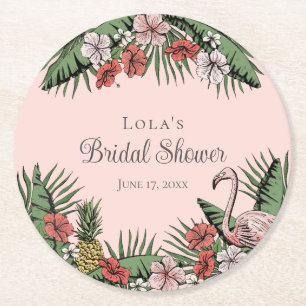 Elegant Tropical Flamingo & Hibiscus Bridal Shower Round Paper Coaster