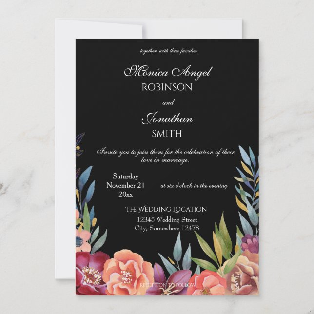 Elegant Tropical Floral Black Wedding Invitation (Front)