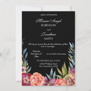 Elegant Tropical Floral Black Wedding Invitation